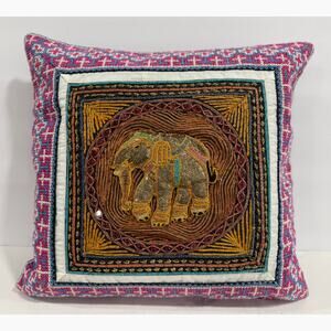 Boho Indian Beaded Elephant Accent Pillow Cover 16.5" Square Zipper Decor